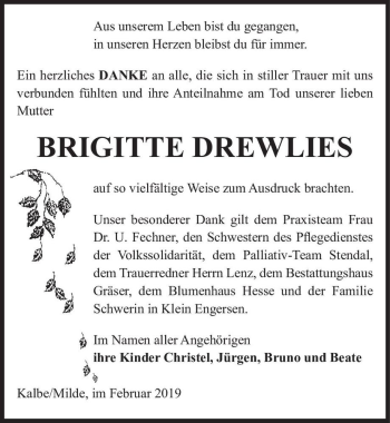Traueranzeige von Brigitte Drewlies  von Magdeburger Volksstimme