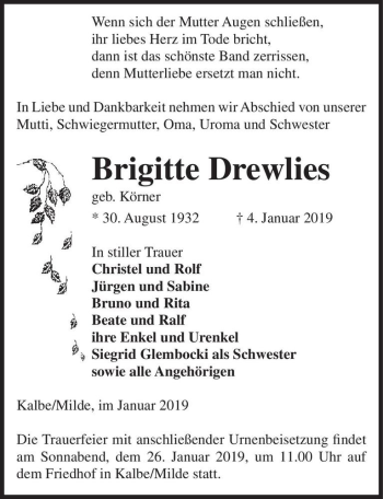 Traueranzeige von Brigitte Drewlies (geb. Körner)  von Magdeburger Volksstimme