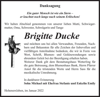 Traueranzeige von Brigitte Ducke  von Magdeburger Volksstimme