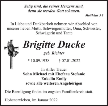 Traueranzeige von Brigitte Ducke (geb. Richter)  von Magdeburger Volksstimme