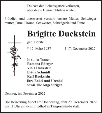 Traueranzeige von Brigitte Duckstein (geb. Borstel)  von Magdeburger Volksstimme