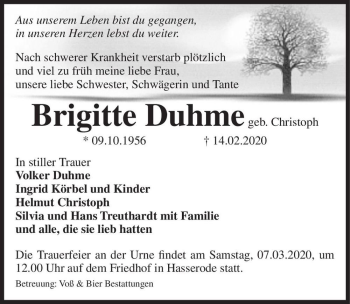 Traueranzeige von Brigitte Duhme (geb. Christoph)  von Magdeburger Volksstimme