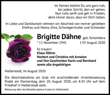 Traueranzeige von Brigitte Dähne (geb. Schombera)  von Magdeburger Volksstimme