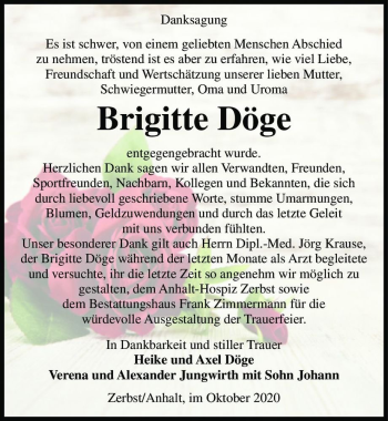 Traueranzeige von Brigitte Döge  von Magdeburger Volksstimme