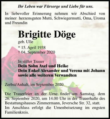 Traueranzeige von Brigitte Döge (geb. Ulle)  von Magdeburger Volksstimme