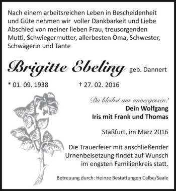 Traueranzeige von Brigitte Ebeling (geb. Dannert)  von Magdeburger Volksstimme
