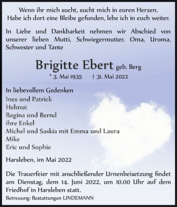 Traueranzeige von Brigitte Ebert (geb. Berg)  von Magdeburger Volksstimme