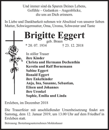 Traueranzeige von Brigitte Eggert (geb. Braun)  von Magdeburger Volksstimme