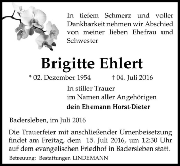 Traueranzeige von Brigitte Ehlert  von Magdeburger Volksstimme