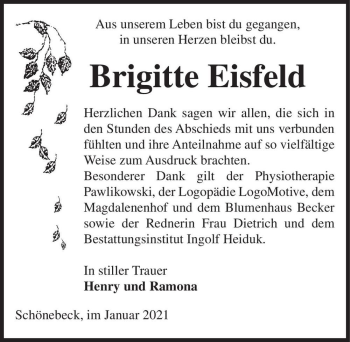 Traueranzeige von Brigitte Eisfeld  von Magdeburger Volksstimme