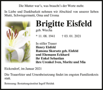 Traueranzeige von Brigitte Eisfeld (geb. Wiecha)  von Magdeburger Volksstimme