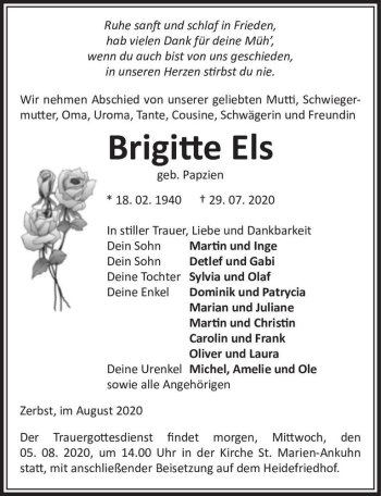 Traueranzeige von Brigitte Els (geb. Papzien)  von Magdeburger Volksstimme