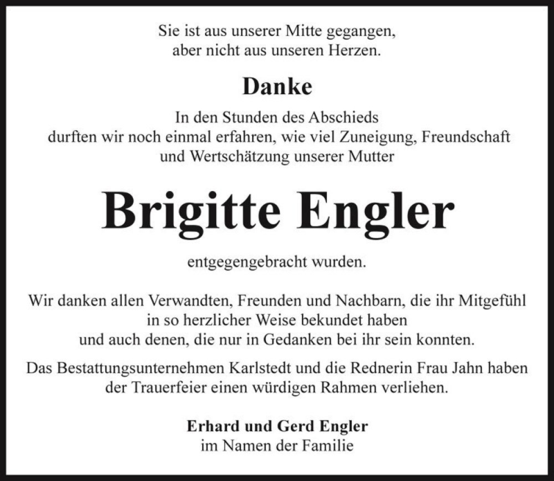 Traueranzeigen von Brigitte Engler www.abschiednehmen.de