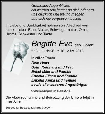 Traueranzeige von Brigitte Eve (geb. Gollert)  von Magdeburger Volksstimme