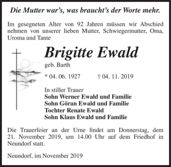Traueranzeige von Brigitte Ewald (geb. Barth)  von Magdeburger Volksstimme
