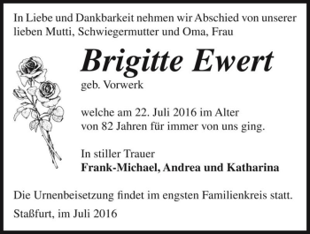 Traueranzeige von Brigitte Ewert (geb. Vorwerk)  von Magdeburger Volksstimme