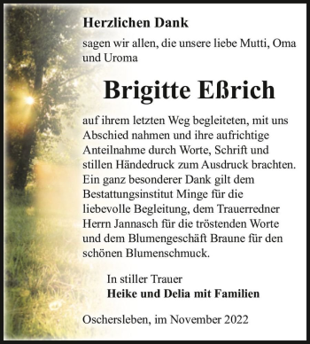 Traueranzeige von Brigitte Eßrich  von Magdeburger Volksstimme
