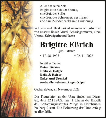 Traueranzeige von Brigitte Eßrich (geb. Termer)  von Magdeburger Volksstimme