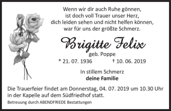 Traueranzeige von Brigitte Felix (geb. Poppe)  von Magdeburger Volksstimme