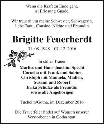 Traueranzeige von Brigitte Feuerherdt  von Magdeburger Volksstimme
