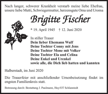 Traueranzeige von Brigitte Fischer  von Magdeburger Volksstimme