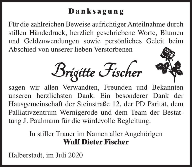 Traueranzeige für Brigitte Fischer  vom 11.07.2020 aus Magdeburger Volksstimme