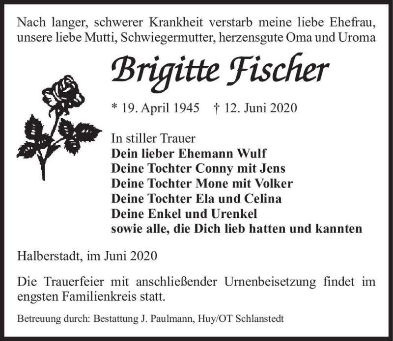  Traueranzeige für Brigitte Fischer  vom 20.06.2020 aus Magdeburger Volksstimme