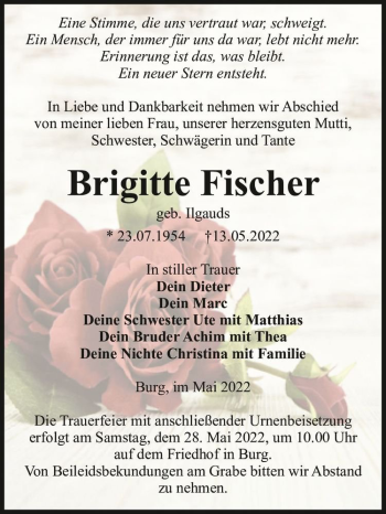 Traueranzeige von Brigitte Fischer (geb. Ilgauds)  von Magdeburger Volksstimme
