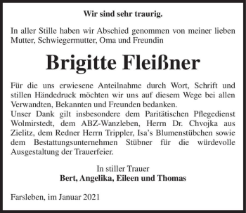 Traueranzeige von Brigitte Fleißner  von Magdeburger Volksstimme