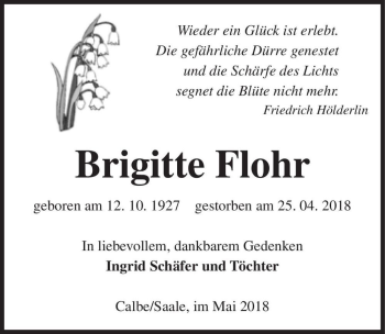 Traueranzeige von Brigitte Flohr  von Magdeburger Volksstimme