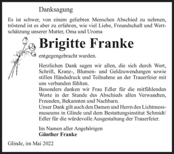 Traueranzeige von Brigitte Franke  von Magdeburger Volksstimme