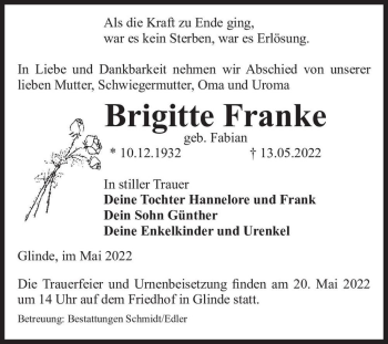 Traueranzeige von Brigitte Franke (geb. Fabian)  von Magdeburger Volksstimme