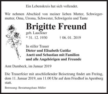 Traueranzeige von Brigitte Freund (geb. Lauckner)  von Magdeburger Volksstimme