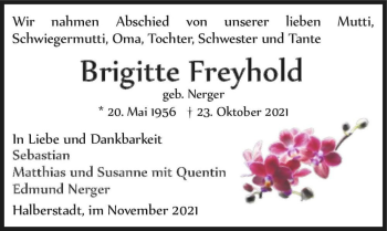 Traueranzeige von Brigitte Freyhold (geb. Nerger)  von Magdeburger Volksstimme