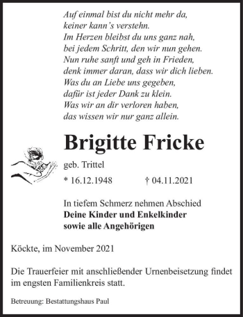 Traueranzeige von Brigitte Fricke (geb. Trittel)  von Magdeburger Volksstimme