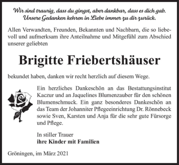 Traueranzeige von Brigitte Friebertshäuser  von Magdeburger Volksstimme
