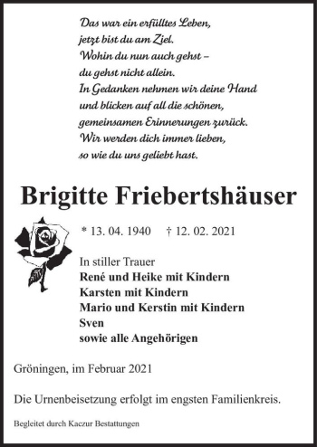 Traueranzeige von Brigitte Friebertshäuser  von Magdeburger Volksstimme