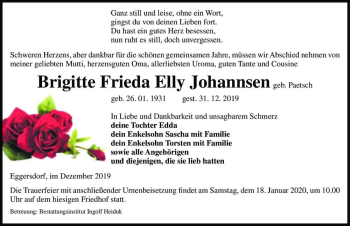 Traueranzeige von Brigitte Frieda Elly Johannsen (geb. Paetsch)  von Magdeburger Volksstimme