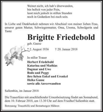 Traueranzeige von Brigitte Friedebold (geb. Gause)  von Magdeburger Volksstimme