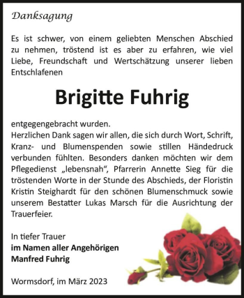 Traueranzeige von Brigitte Fuhrig  von Magdeburger Volksstimme