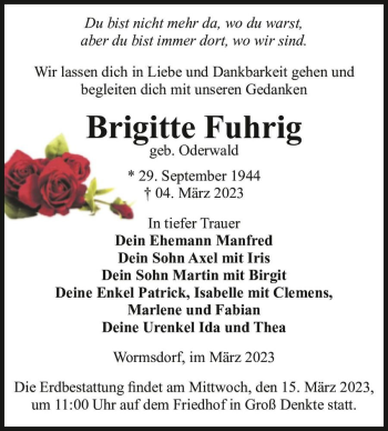 Traueranzeige von Brigitte Fuhrig (geb. Oderwald)  von Magdeburger Volksstimme