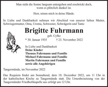 Traueranzeige von Brigitte Fuhrmann (geb. Cylke)  von Magdeburger Volksstimme