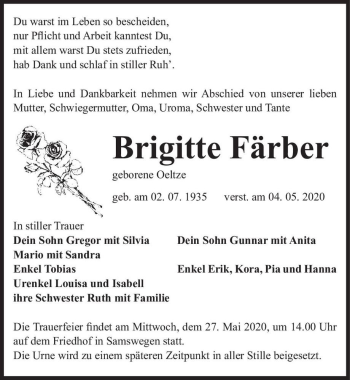 Traueranzeige von Brigitte Färber (geb. Oeltze)  von Magdeburger Volksstimme
