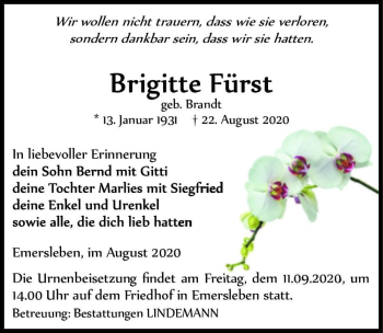 Traueranzeige von Brigitte Fürst (geb. Brandt)  von Magdeburger Volksstimme