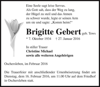 Traueranzeige von Brigitte Gebert (geb. Tews)  von Magdeburger Volksstimme