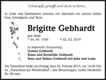 Traueranzeige von Brigitte Gebhardt (geb. Bode)  von Magdeburger Volksstimme