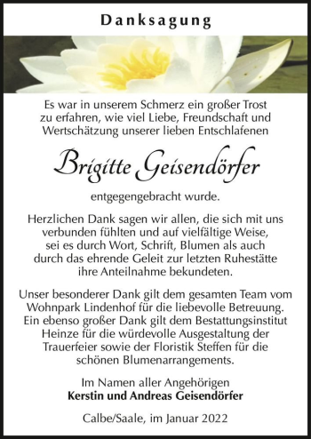 Traueranzeige von Brigitte Geisendörfer  von Magdeburger Volksstimme