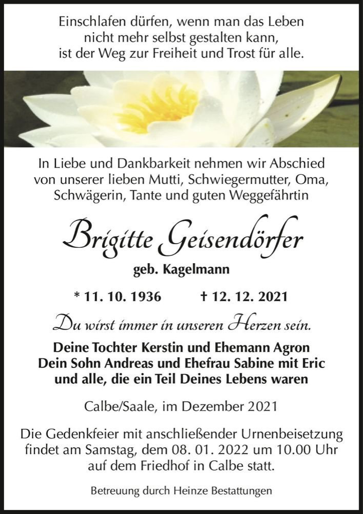  Traueranzeige für Brigitte Geisendörfer (geb. Kagelmann)  vom 18.12.2021 aus Magdeburger Volksstimme