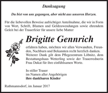 Traueranzeige von Brigitte Gennrich  von Magdeburger Volksstimme