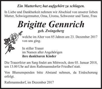 Traueranzeige von Brigitte Gennrich (geb. Zwingeberg)  von Magdeburger Volksstimme